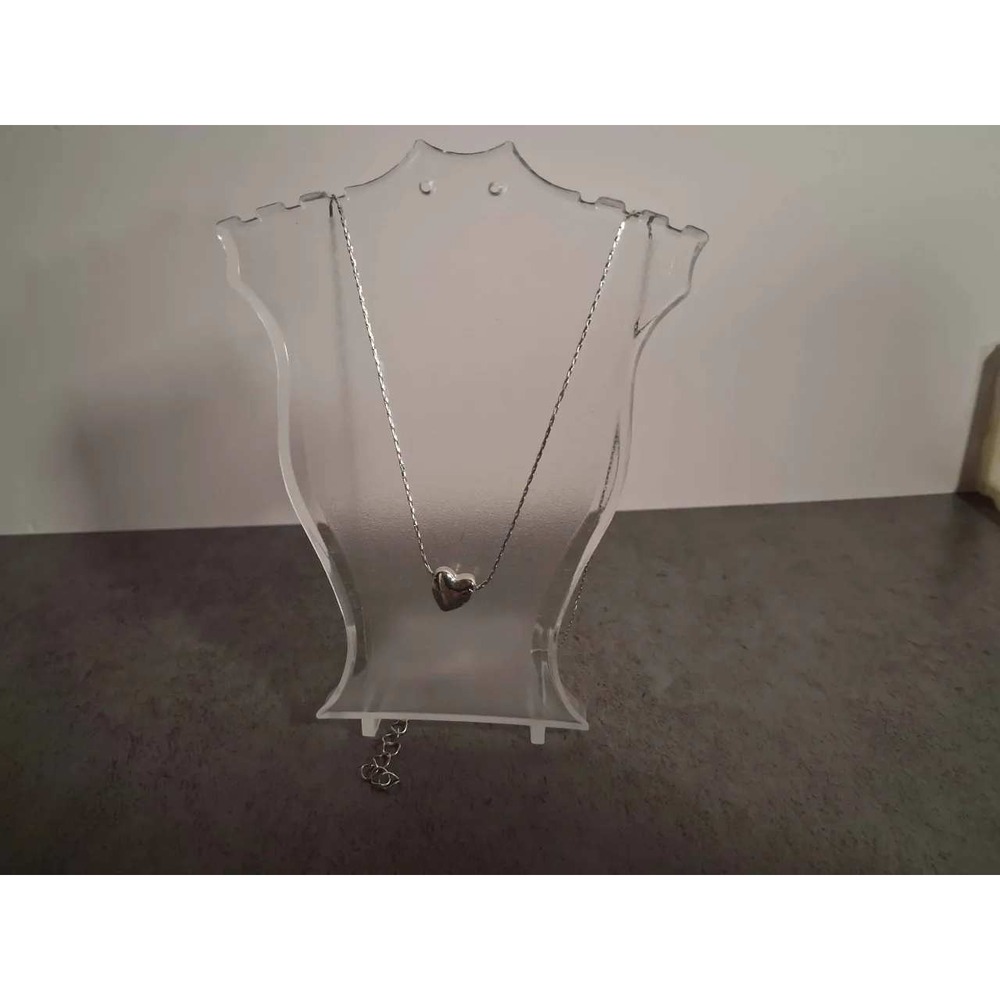 Silver Tone Puffy Heart Pendant Necklace Adjustable Cable Chain Minimal Jewelry